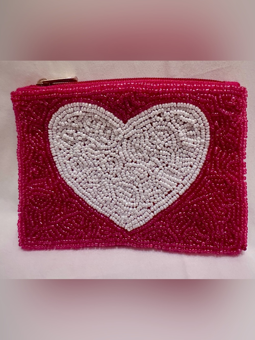 Handmade Beaded Heart Coin Purse Pouch Zipper Wallet Small Batch Red White New